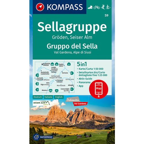 Sella, Val Gardena, Alpe di Siusi turistatérkép (WK 59) - Kompass
