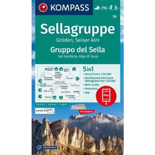 Sella, Val Gardena & Alpe di Siusi, hiking map (WK 59) - Kompass