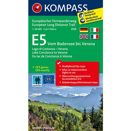 E5 long-distance hiking route: Lake Constance to Verona, hiking map (WK 2558) - Kompass