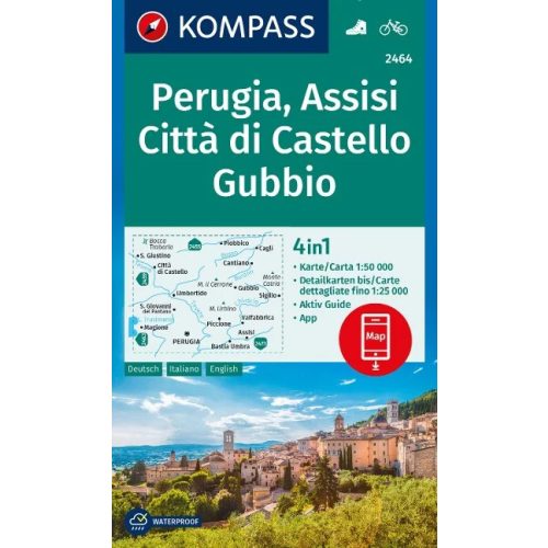 Perugia, Assisi, Città di Castello & Gubbio, hiking map (WK 2464) - Kompass